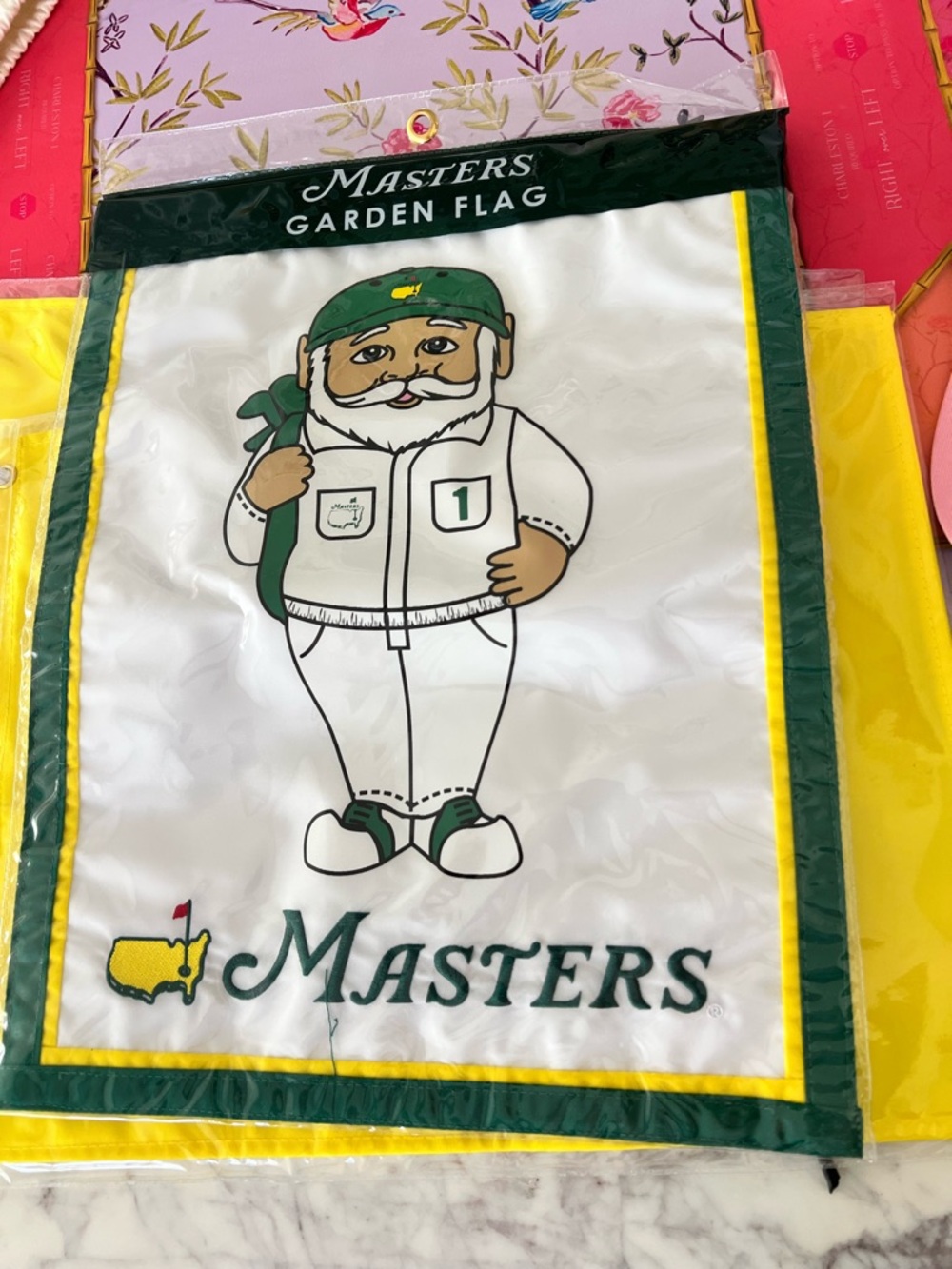 Masters White and Green Garden Gnome Flag with Yellow Trim